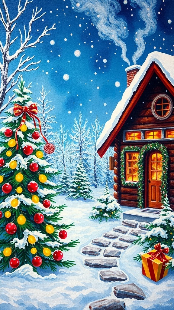 A colorful Christmas canvas painting featuring a decorated tree and snowflakes in a winter scene.